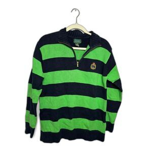 Lauren Ralph Lauren Sweater Women's Small Green Navy Stripe Quarter Zip Crest